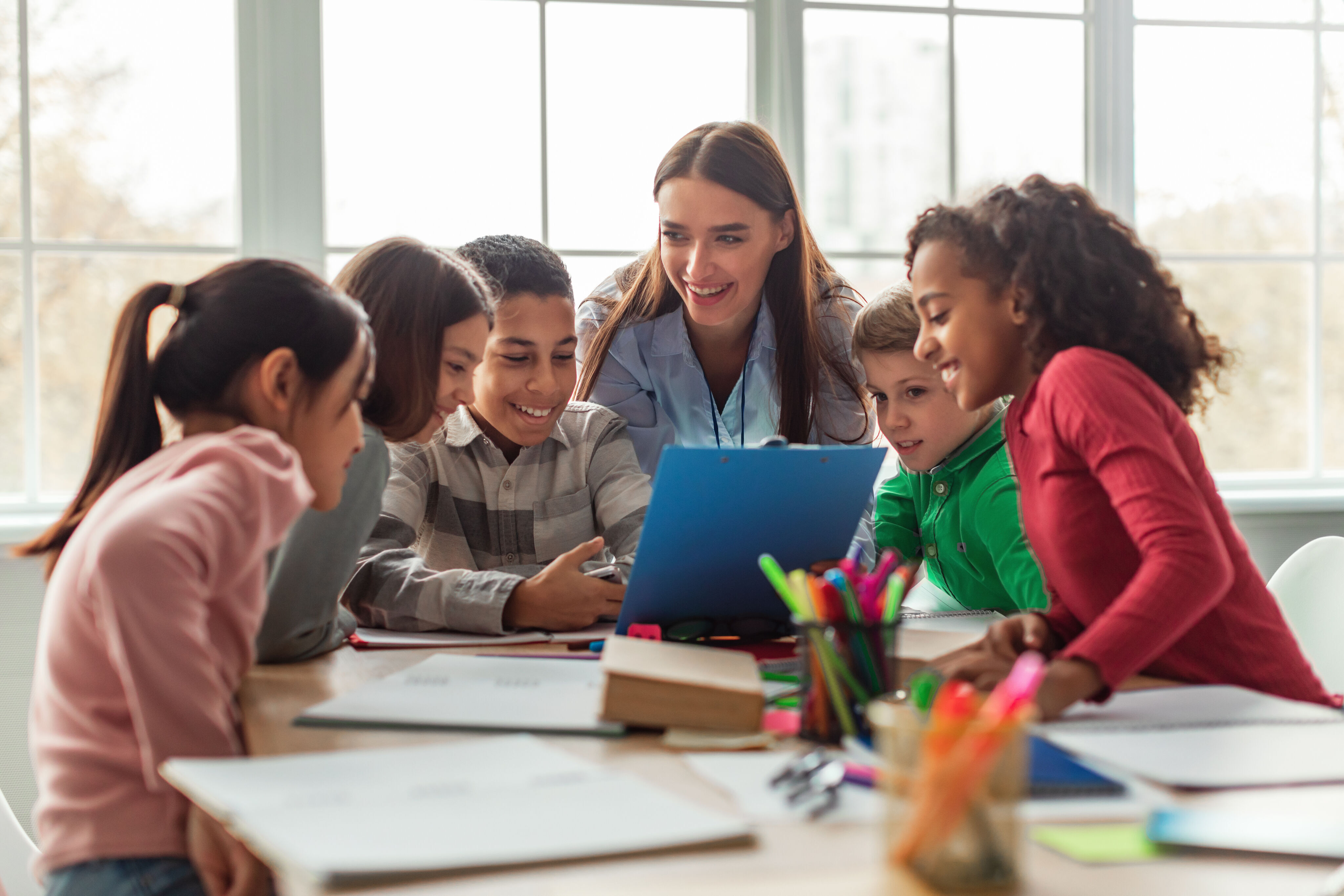 A teacher with students.