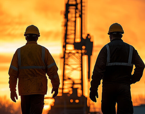 Two silhouetted oil workers in front of oil rig at dawn.
